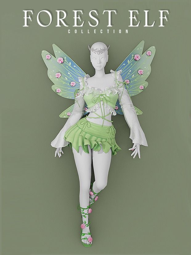 a woman dressed as a fairy with wings and flowers on her body, standing in front of a green background