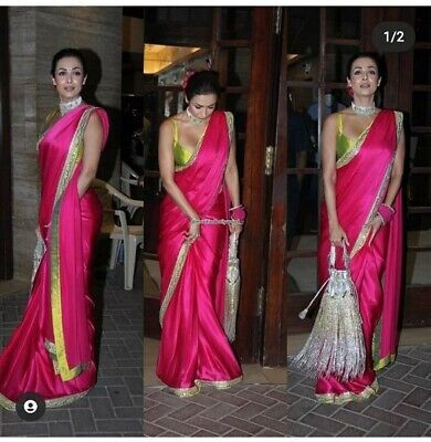 We provide stitching service for blouse, saree fall pico. Saree Fabric - Satin Silk. Blouse Fabric - Contrast Satin Fabric 1 mtr✨ (blouse shown in image is for ref purpose). work - Contrast Zari Lace Work. Pink Satin Saree, Malika Arora, Kanjivaram Sarees Silk, Saree Blouses Online, Malaika Arora, Party Sarees, Western Dress, Blouse Saree, Designer Saree Blouse Patterns