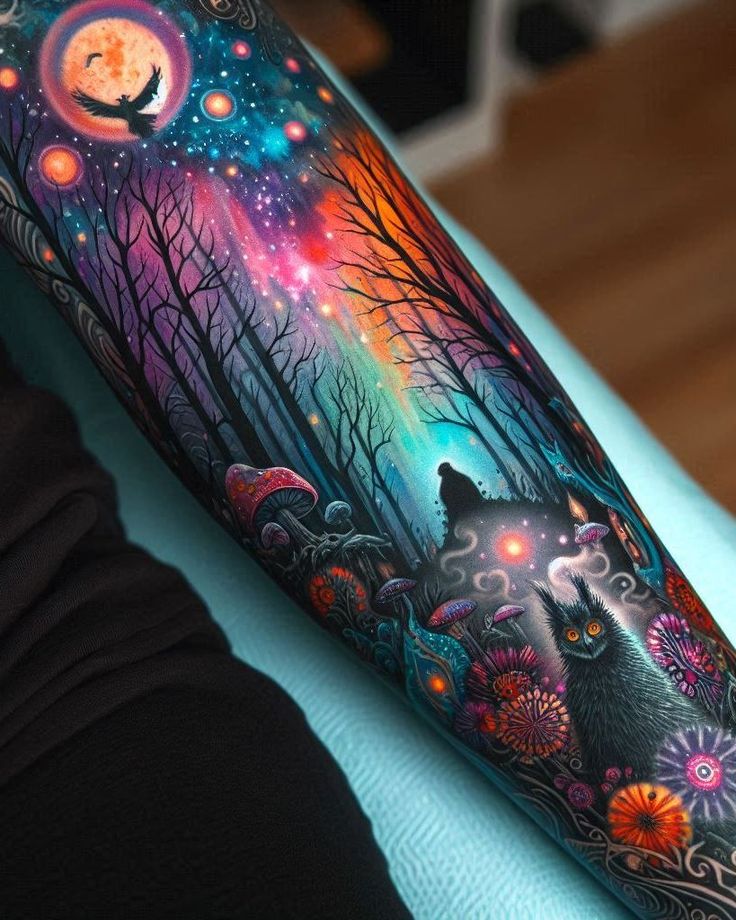 Let the whispers of the forest guide you with an arm tattoo that’s both enchanting and elegant. Forest Sleeve Tattoo, Cool Space Tattoos, Best Feminine Tattoos, Tatted Quotes, Vertical Tattoo, Detailed Tattoos, Tattoo Trash, Space Tattoos, Mystical Tattoos