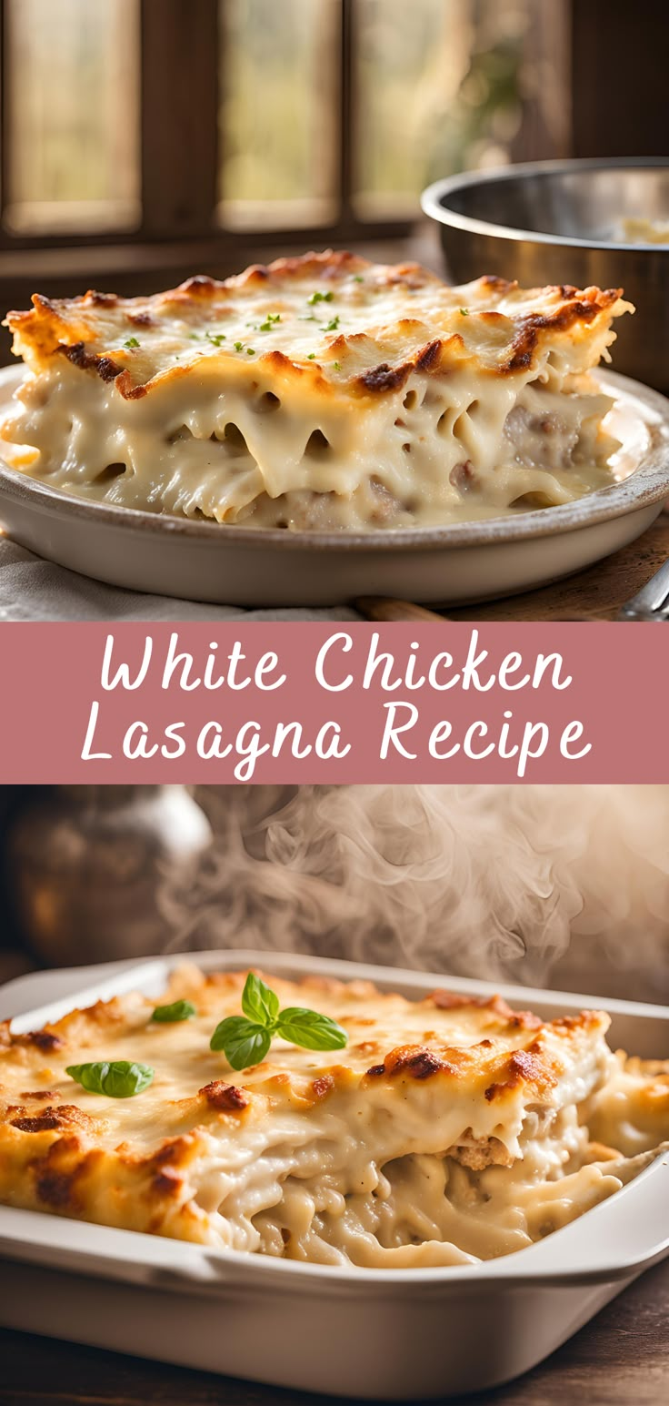 white chicken lasagna recipe in a casserole dish