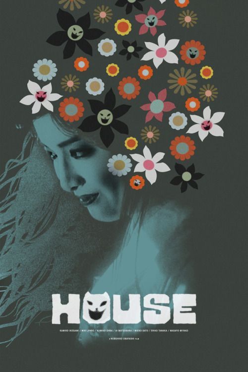 a woman with flowers in her hair and the words house on it's side