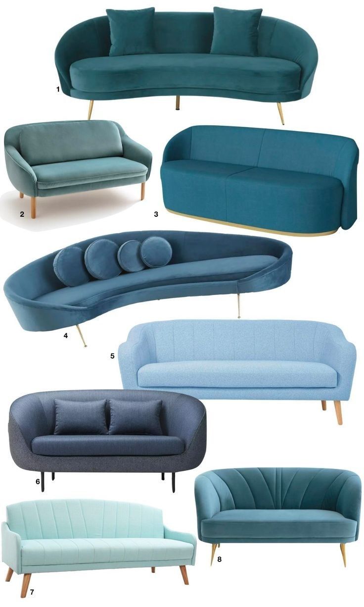 the different types of couches are shown in various colors and sizes, including blue