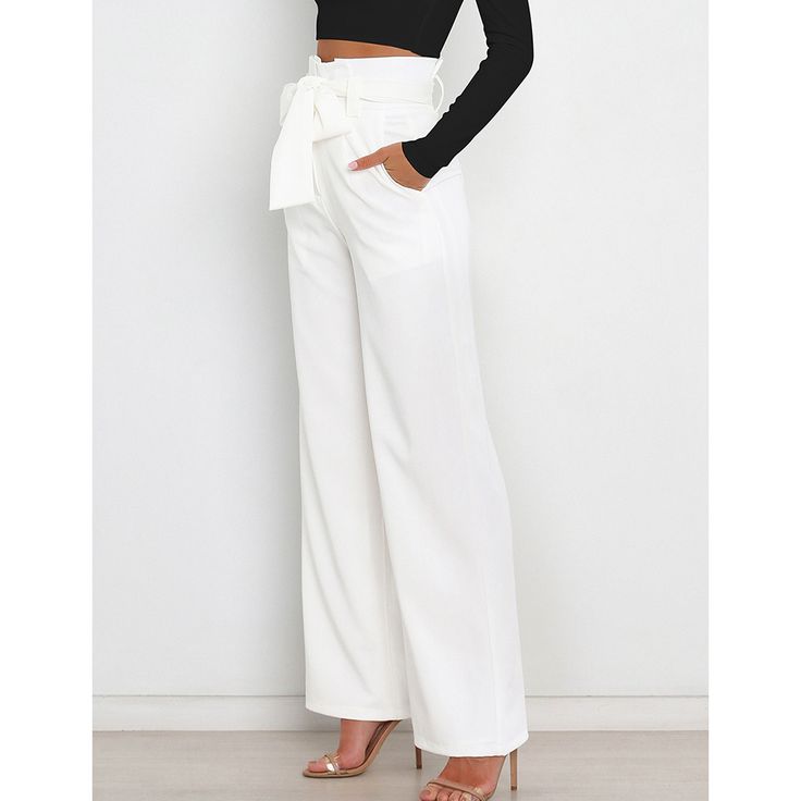 White Bowknot High Waist Wide Leg Pants White Wide-leg Pants With Tie Waist, White High-waisted Pants With Tie Waist, White Tie Waist High-waisted Pants, White Tie Waist Trousers, White Trousers With Tie Waist, White Belted Wide Leg Bottoms, White Wide Leg Belted Pants, White Workwear Pants With Tie Waist, White Belted High-waisted Pants