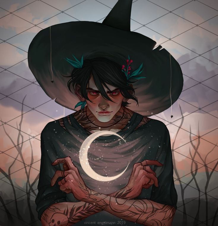 a person with a witches hat on their head holding a crescent in front of the moon