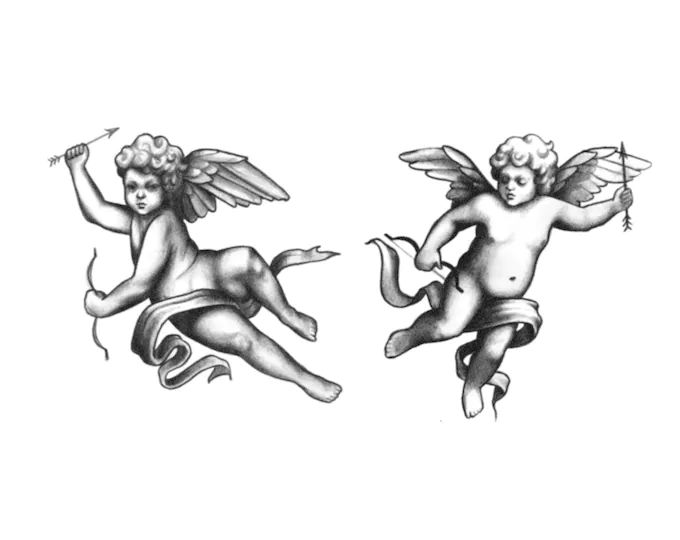 two cherubs flying in the air with their wings spread out and one is holding a