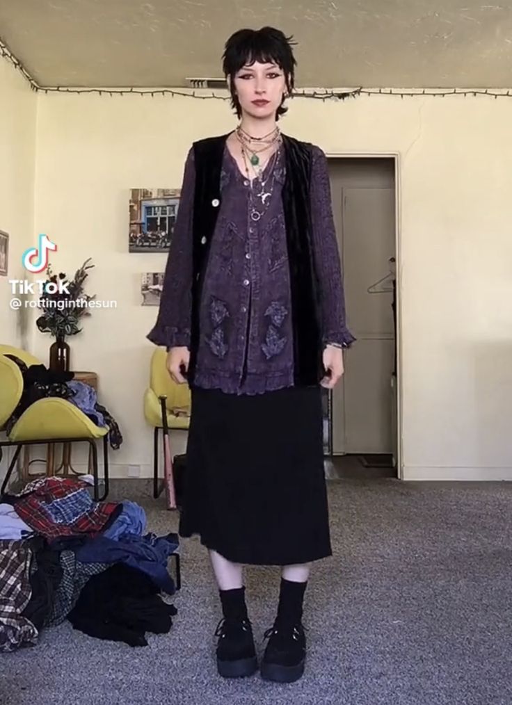 Dark Librarian Style, Semi Formal Alternative Outfits, Goth Grandma Aesthetic, Goth Sweater Outfit, Nonbinary Femme Fashion, Whimsigoth Outfits Men, 80s Goth Outfits, Whismgoth Outfits, Alternative Teacher Outfits