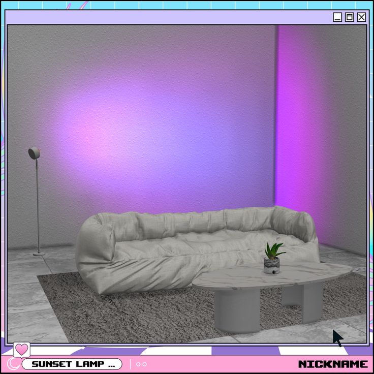 a white couch sitting in front of a purple wall next to a table with a potted plant on it