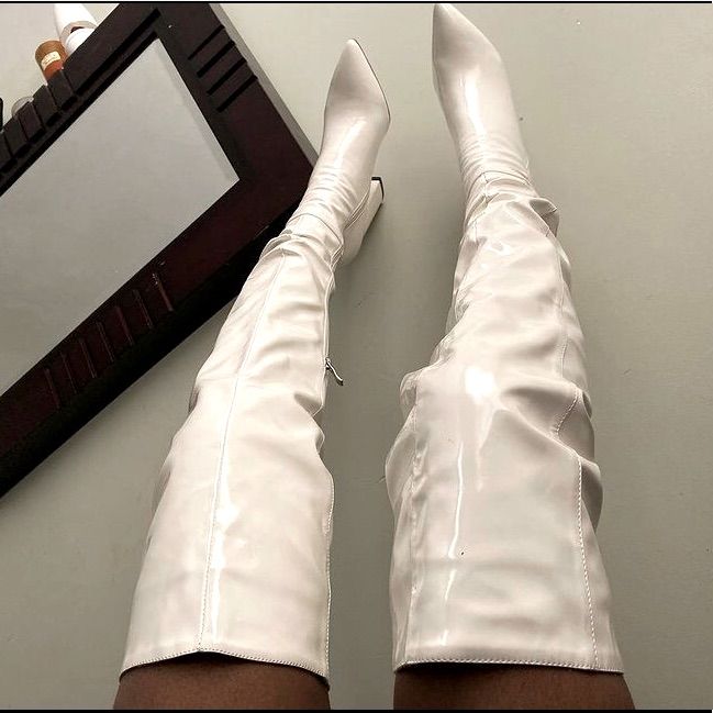 Black Owned Shoe Brand Patent Leather Thigh High Boots Elegant White Platform Boots, Elegant White Platform Boots For Party, Elegant White Party Platform Boots, Chic Fitted Thigh High Platform Boots, White Over-the-knee Boots For Winter, White Over-the-knee Winter Boots, Fitted White Platform Boots For Fall, Elegant Thigh High Heeled Boots For Spring, Elegant Thigh-high Heeled Boots For Spring