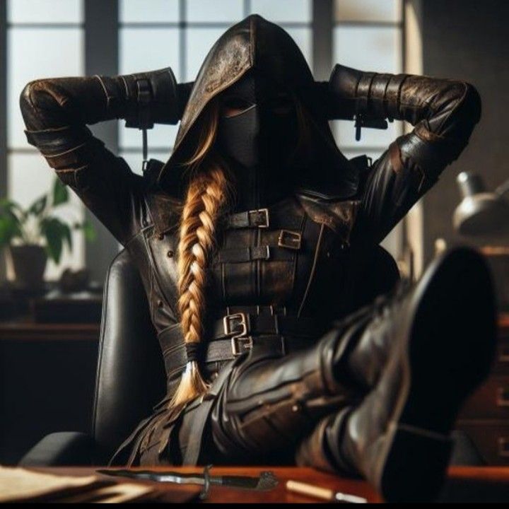 a woman with long hair sitting in an office chair wearing a leather outfit and braids