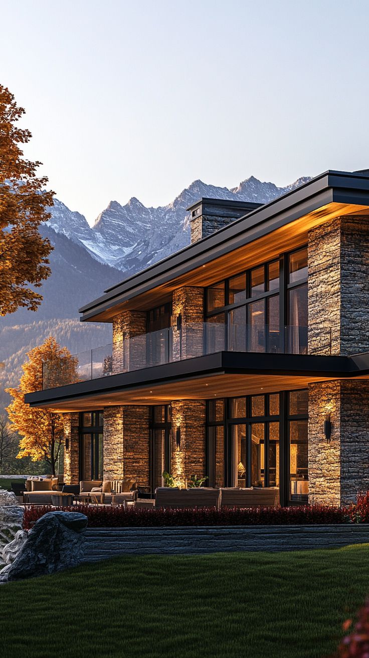 a large house sitting on top of a lush green field next to a mountain range