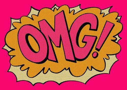 the word omg is written in pink and yellow pop art style on a pink background