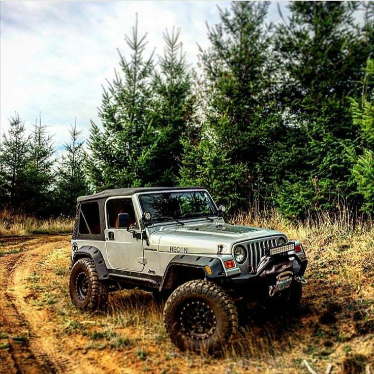 a jeep driving down a dirt road in the woods