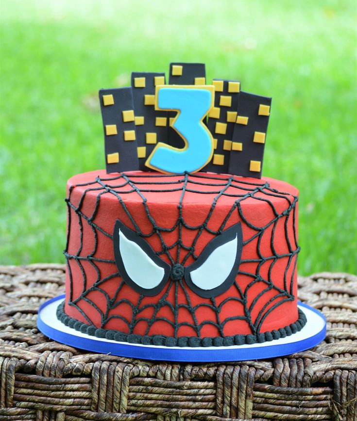 a spiderman themed birthday cake on a wicker table with grass in the background