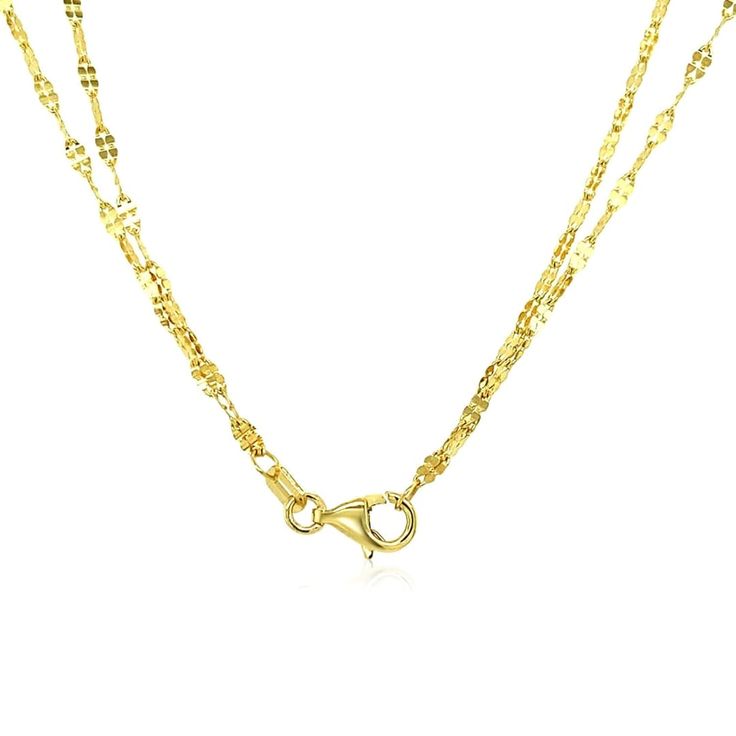 This showstopper of a double strand necklace features a chain with disc cluster sections. A lariat beauty with puffed teardrop elements, this 14k yellow gold piece comes in size 17 inches and is secured with a lobster closure. Necklace Information Approximate Weight 2.5 gram(s) Available Sizes 17 Metal 14K Yellow Gold " Gold Dangle Jewelry With Double Chain, Gold Lariat Jewelry With Lobster Clasp, Gold Plated Double Strand Figaro Chain, Yellow Gold Double Strand Adjustable Chain Necklace, Double Strand Adjustable Chain Necklace In Yellow Gold, Double Strand Yellow Gold Chain Necklace With Adjustable Chain, Yellow Gold Double Strand Chain Necklace With Adjustable Chain, Yellow Gold Double Strand Necklace For Anniversary, Gold Double Strand Figaro Chain Necklace