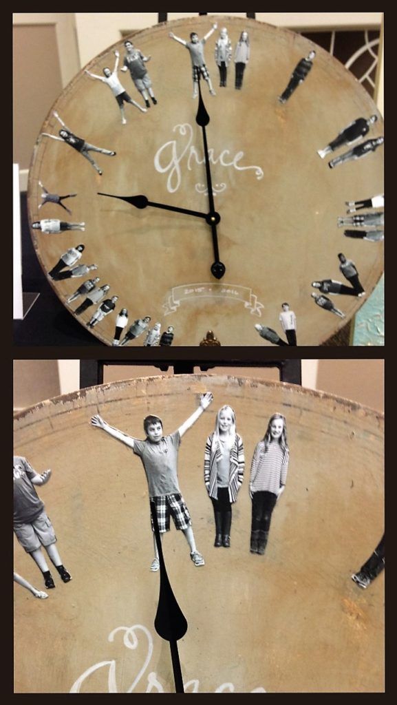 two pictures of people standing in front of a large clock with writing on the face