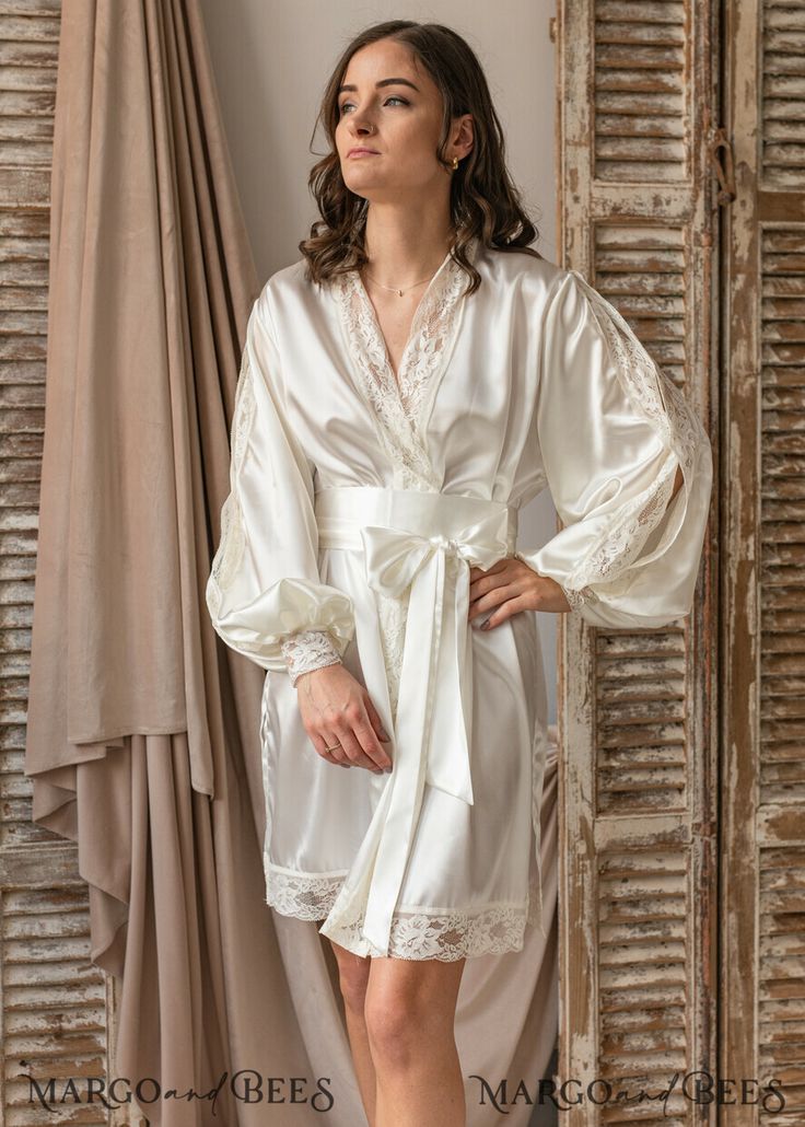 Luxury Romantic Robe, Luxury Lace Robe For Wedding Night, Luxury Romantic Robe With Lace Trim, Luxury Long Romantic Robe, Luxury Open Front Elegant Robe, Luxury Daywear Robe With Lace Trim, Luxury Long Sleeve Satin Robe, Luxury Romantic Daywear Robe, Luxury Elegant Robe With Lace Trim