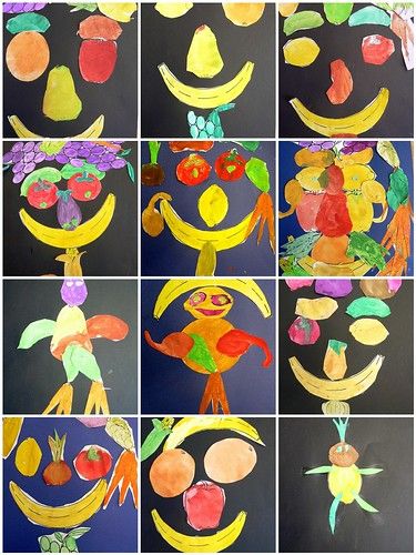 many different pictures of fruit and vegetables made to look like the faces of people in the sky