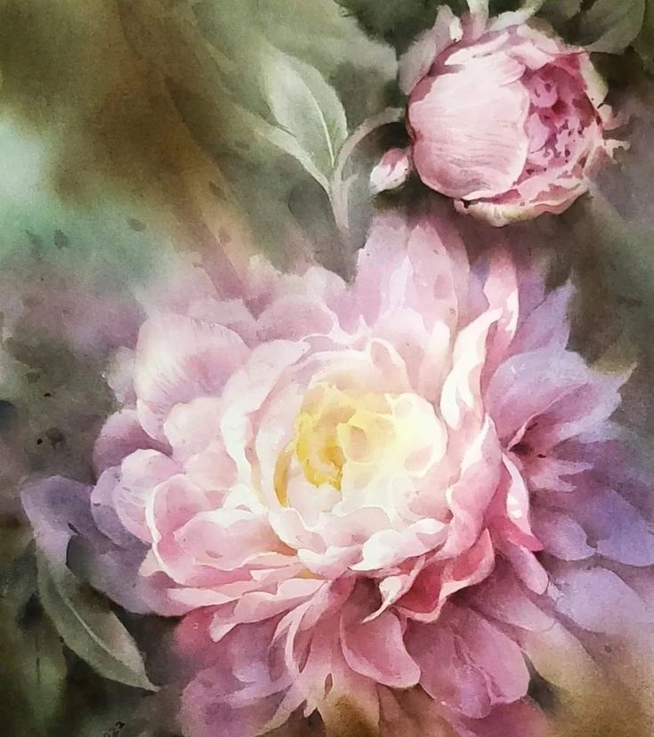 two large pink flowers with green leaves on the top and bottom, in watercolor