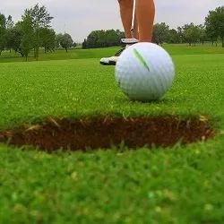 a person standing on top of a green field next to a golf ball and hole