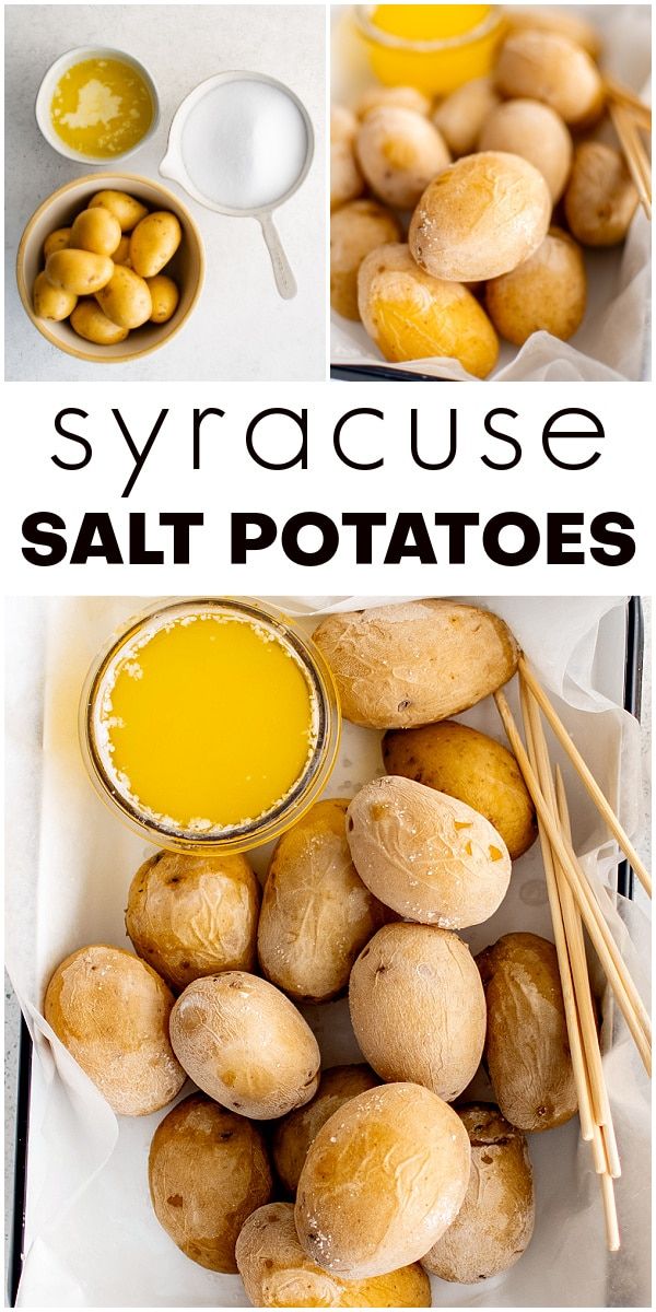 an image of salt potatoes with dipping sauce on top and in the background, there are pictures of how to make synacuse