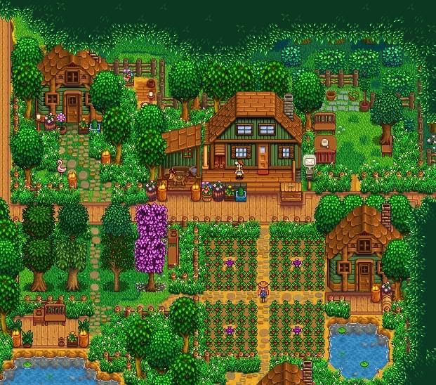 Stardew Starter Farm, Foraging Farm Stardew Valley, Stardew Inspo Farm, Stardew Valley Decorating Ideas, Farm Inspo Stardew Valley, Stardew Layout Ideas, Stardew Valley Spouse Area, Stardew Forest Farm Layout Cute, Sdv Forest Farm Ideas