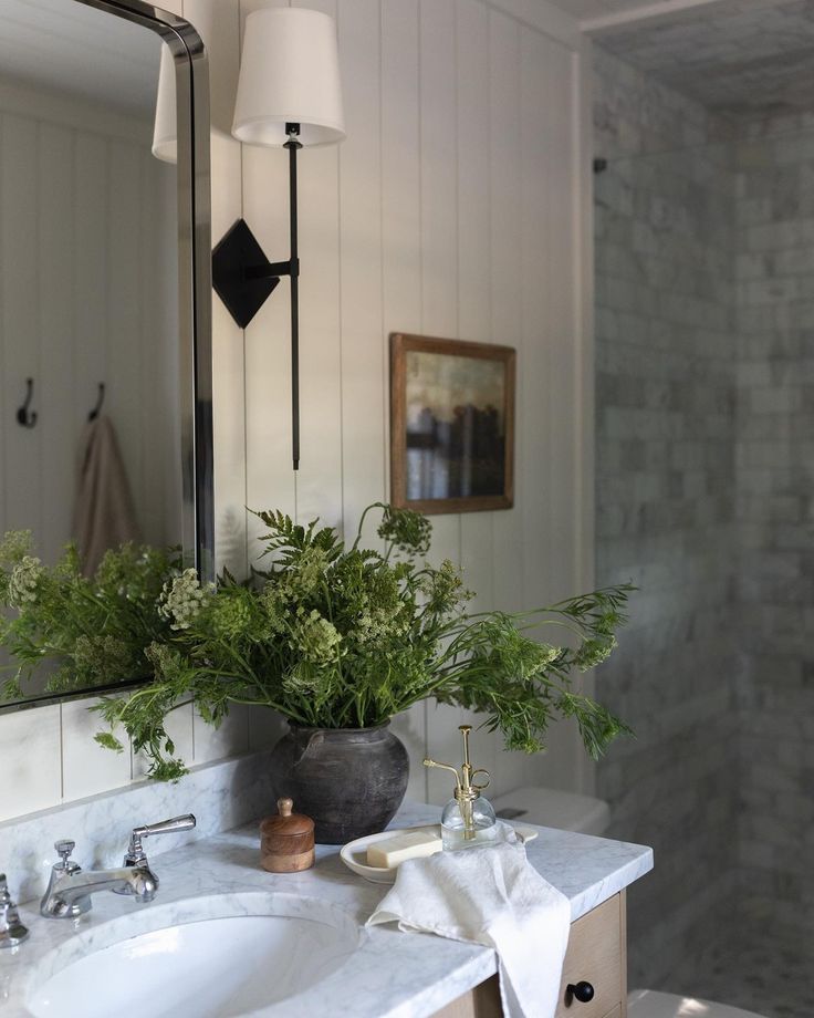 a bathroom sink sitting under a large mirror next to a walk in shower with plants on it