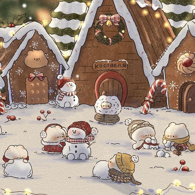 a group of snowmen standing in front of a christmas village