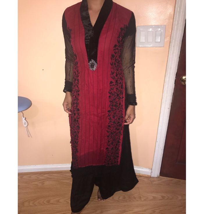 Pakistani Designer Dress. Long Embroidered Top. Silk Wide Pants. Comes With Scarf. Worn Once. Girl Wearing Dress Is 5”4 And 115 Pounds. Elegant Long Kurta For Fall, Fitted V-neck Kurta For Party, Fitted V-neck Party Kurta, Elegant Fitted Full Length Salwar Kameez, Fitted Long Sleeve Kurta For Evening, Elegant Fitted V-neck Kurta, Red Salwar Kameez With Floral Embroidery For Party, Party Salwar Kameez With Floral Embroidery In Red, Fitted Red Kurta For Fall