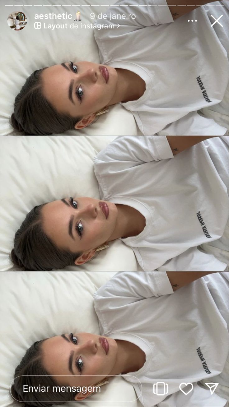 three pictures of a woman laying on top of a bed