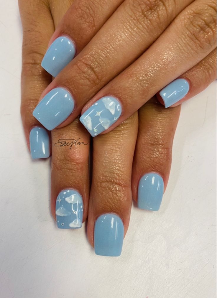 Funny bunny -OPI and Alpine snow -OPI clouds Gel Nails Sky Blue, Short Nail Designs Sky Blue, Light Blue Nails Clouds, Blue Cloud Nails Short, Blue Pastel Nails Design, Blue Sky Nail Designs, Cloud Blue Nails, Blue Nails With Cloud Design, Light Blue Nails With Clouds