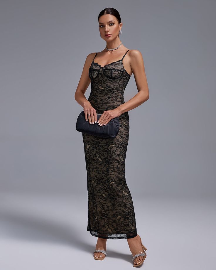 Exude effortless elegance in this Black Lace Fully Lined Maxi Dress. Featuring intricate black lace detailing and a full lining, this dress radiates luxury and sophistication. Perfect for any special occasion, this dress will have you feeling confident and chic. Our Style No.FD23456 Very Stretchy Height - 68.9"/175cm Bust - 34.6"/88cm Waist - 25.6"/65cm Hips - 36.6"/93cm and wears size S About Wholesale/Dropshipping, please contact us! Note: Colour may vary due to lighting on images. The product Lace Evening Dress With Lace Trim, Elegant Evening Maxi Dress With Delicate Lace, Sleeveless Lace Dress With Lace Patchwork For Evening, Elegant Fitted Maxi Dress With Contrast Lace, Chic Formal Maxi Dress With Lace Bodice, Evening Maxi Dress With Contrast Lace, Chic Lace Trim Maxi Dress For Evening, Elegant Fitted Maxi Dress With Delicate Lace, Lace Patchwork Maxi Dress For Night Out