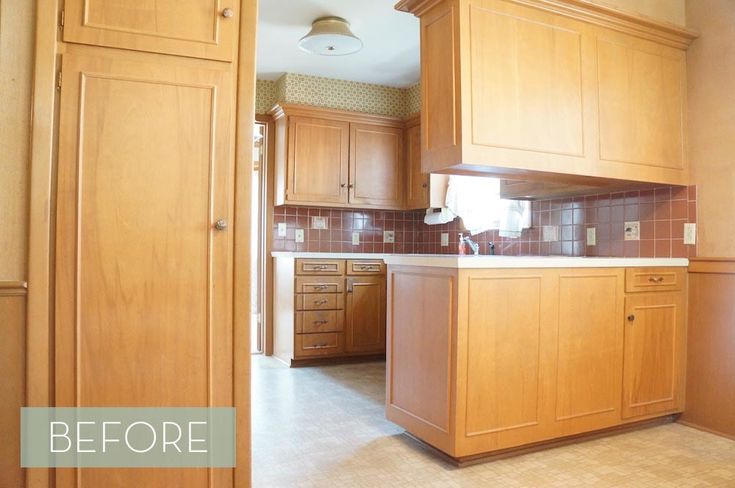 an empty kitchen with wooden cabinets and tile flooring, before and after remodel