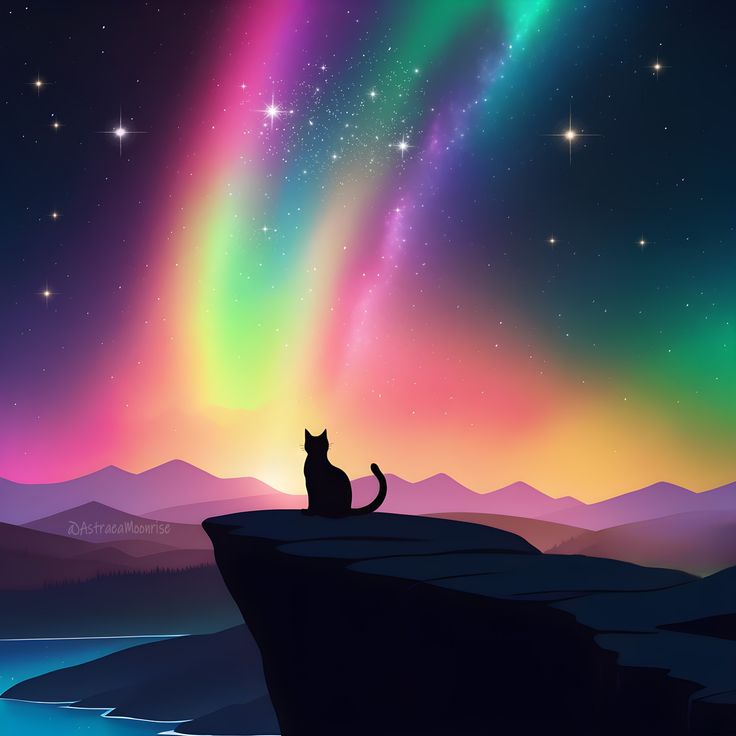 a cat sitting on top of a cliff watching the aurora bore in the night sky