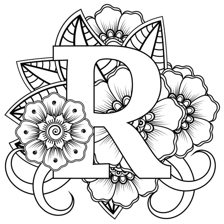 the letter r is surrounded by flowers and swirls in black and white coloring pages