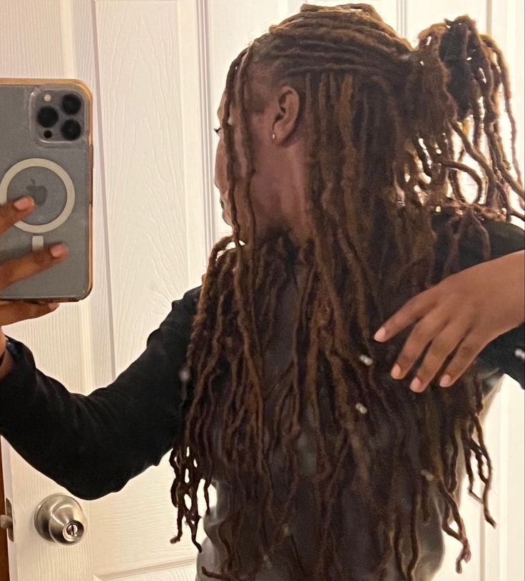 Locs In A Low Bun, Long Fluffy Locs, Long Locs Styles Black Women, Dread Extensions Black Women, Long Dread Hairstyles, 3b Locs, Long Dreadlocks Styles, Dark Brown Locs, 3c Locs