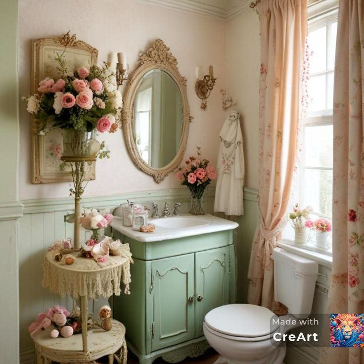 a bathroom decorated in pastel colors with pink flowers on the sink and mirror over the toilet