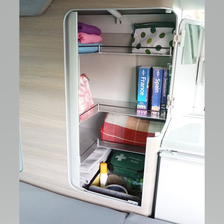 the inside of an rv with its door open and various items in it, including toiletries