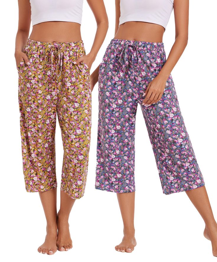 PRICES MAY VARY. Capri pajama pants for women are made of cotton polyester blend fabric, lightweight, breathable, stretchy, super soft against the skin and comfy enough for every day wearing Women's cotton lounge pants feature elastic waistband with drawstring, wide leg cut and loose fit, cropped length pants with two side pockets, soft and comfy touching, move freely all the day 2 pack capri sleep pants, soft and stretchy, comfortable and casual for sleepwear, perfect for everyday essentials, e Casual Multicolor Sleep Bottoms, Spring Sleep Bottoms In Multicolor, Cute Pj Pants, Womens Pajama Pants, Multicolor Cotton Sleep Pants, Comfortable Capri-length Loungewear Pants, Playful Cotton Sleepwear Pajama Pants, Pj Bottoms, Womens Pajamas Pants