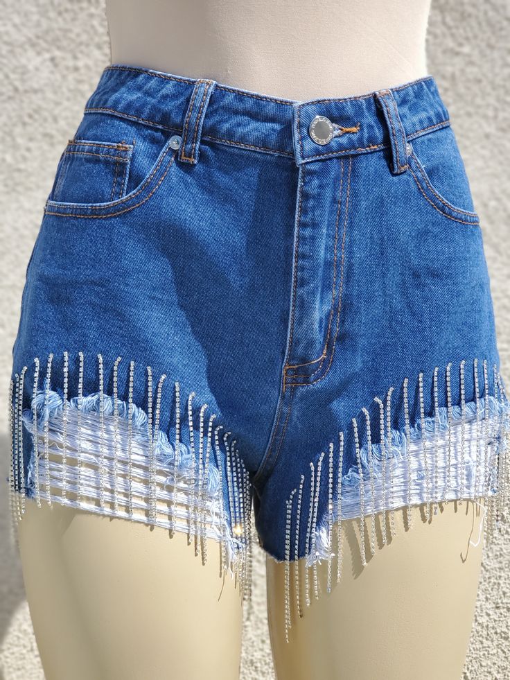 Rhinestone Fringe Shorts Rhinestone Fringe Shorts, Fringe Shorts, Faster Horses, Crystal Fringe, Rhinestone Fringe, Short Fringe, Ripped Denim Shorts, Ripped Denim, Shorts Jeans