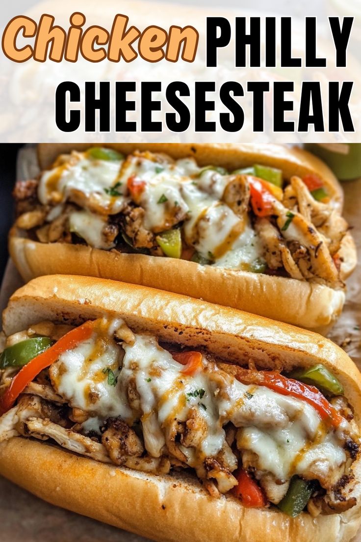 Chicken Philly Cheesesteak Philly Cheese Chicken Crock Pot, Philly Cheese Steak With Chicken, Chicken Crockpot Recipes Sandwich, Healthy Chicken Philly Cheesesteak, Philly Cheesesteak Roll Ups, Hoagie Roll Sandwiches, Chicken Philly Recipe, Healthy Chicken Cheesesteak, Chicken Philly Sliders Hawaiian Rolls