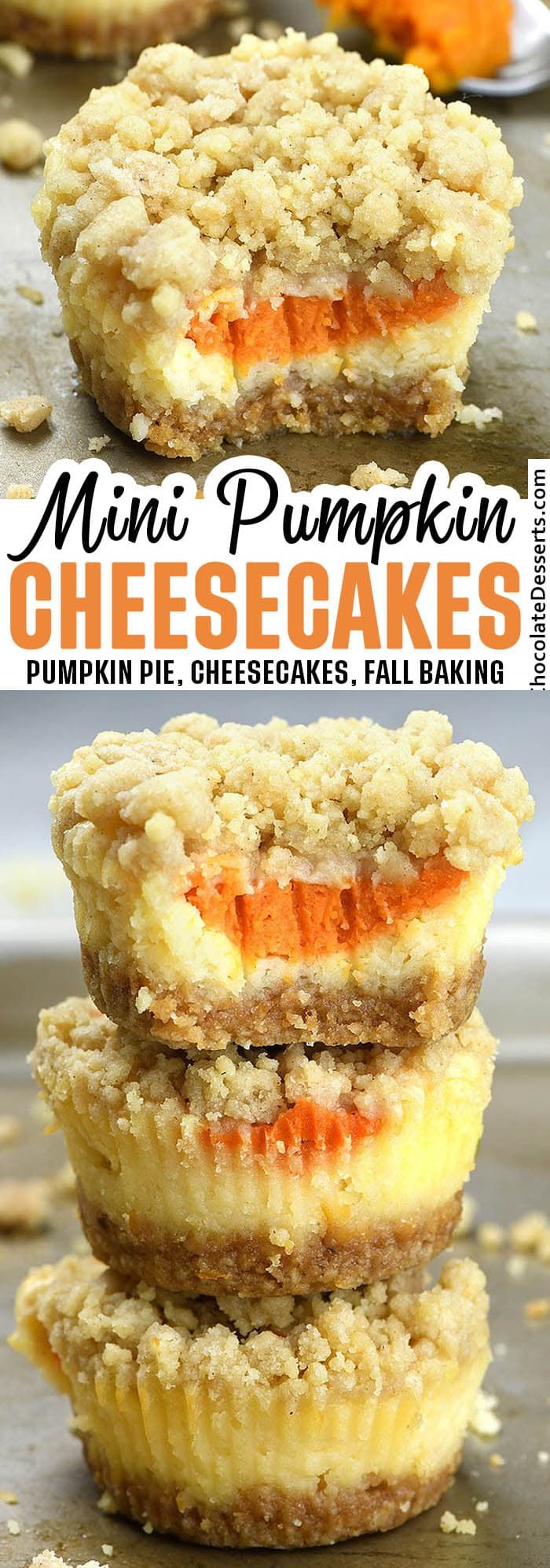 mini pumpkin cheesecakes stacked on top of each other with the title above it