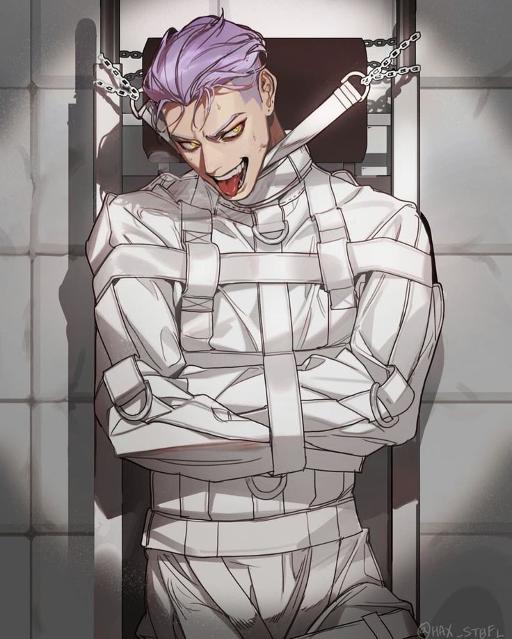 an anime character with purple hair holding a baseball bat over his shoulder and looking down