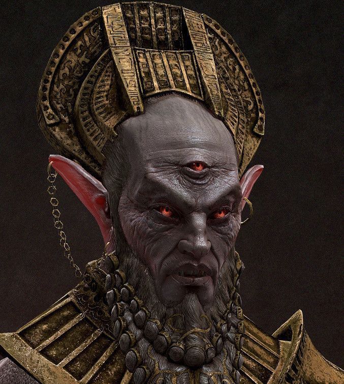 an evil looking man with red eyes and gold jewelry on his head, in front of a black background