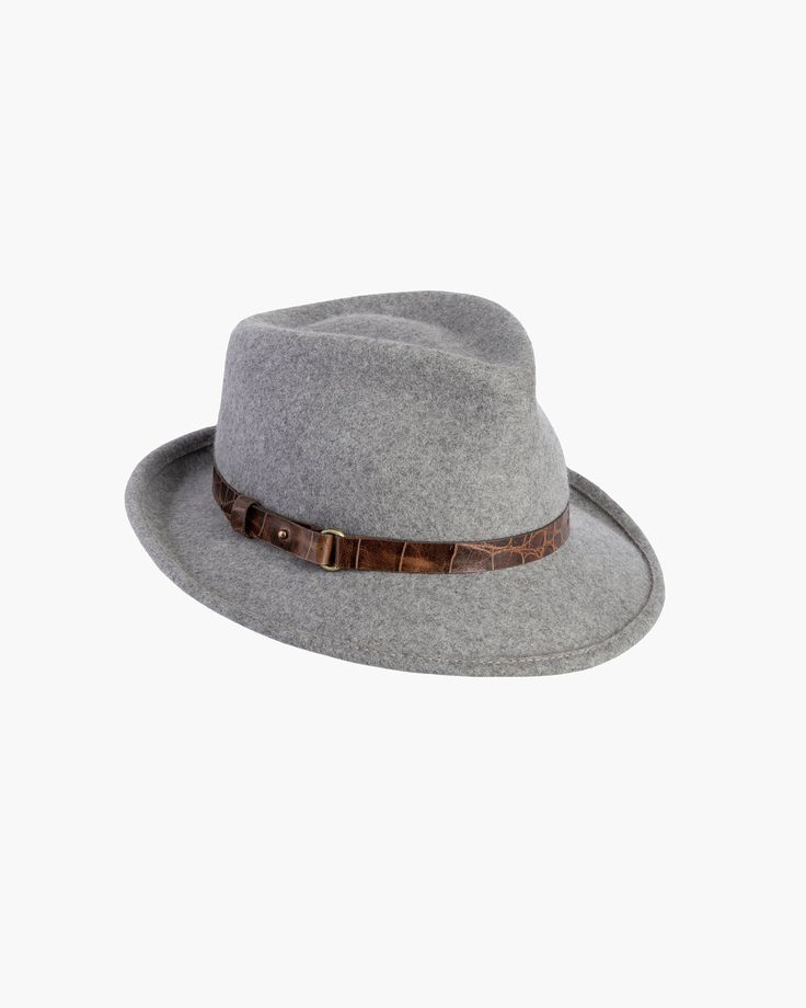 This water-repellent wool-felt fedora is perfect for those who don't want too many hats. The abbreviated brim looks snappy and is reminiscent of mannish hats from the 1950s. This wardrobe staple has an adjustable band of embossed calf leather with antique hardware. The Crown is lined. The elasticized inner band fits most. Imported. Brim Span: 2.5" Formal Leather Felt Hat With Short Brim, Classic Leather Felt Hat With Short Brim, Fitted Leather Felt Hat With Short Brim, Classic Wool Felt Hat For Winter, Adjustable Wool Brimmed Cloche Hat, Adjustable Brimmed Wool Cloche Hat, Adjustable Wool Cloche Hat With Flat Brim, Wool Hat Band With Flat Brim For Winter, Flat Brim Fur Felt Hat