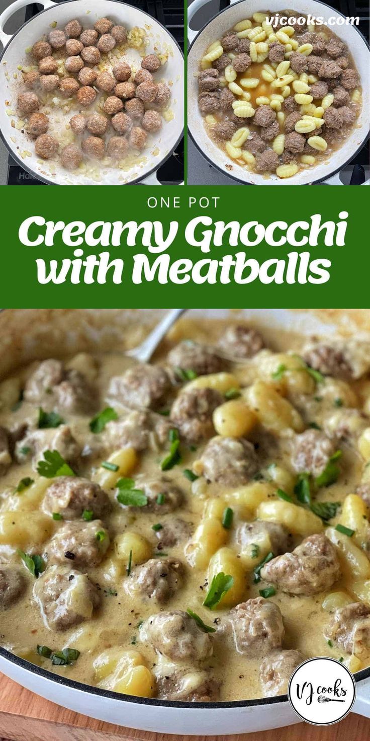 the recipe for creamy gnocchi with meatballs is shown in three different pans