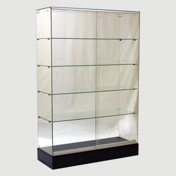 a black and white display case with four shelves