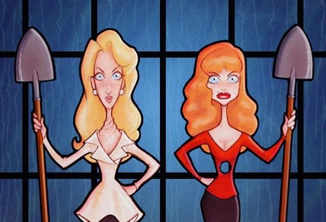 two cartoon women are standing in front of a window