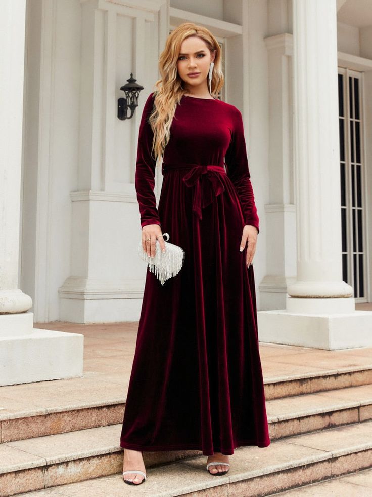 Elegant Long Dress Velvet (Colors - Blue, Green or Burgundy) – A Lark And A Lady Gold Velvet Dress, Long Sleeve Velvet Dress, Ankle Dress, Velvet Maxi Dress, Holiday Party Dresses, Maxi Dress Navy, Long Sleeve Maxi, Denim Overalls, Gold Dress