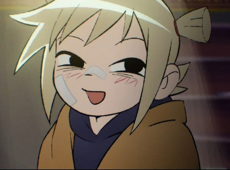 an anime character with blonde hair and big eyes making a funny face at the camera