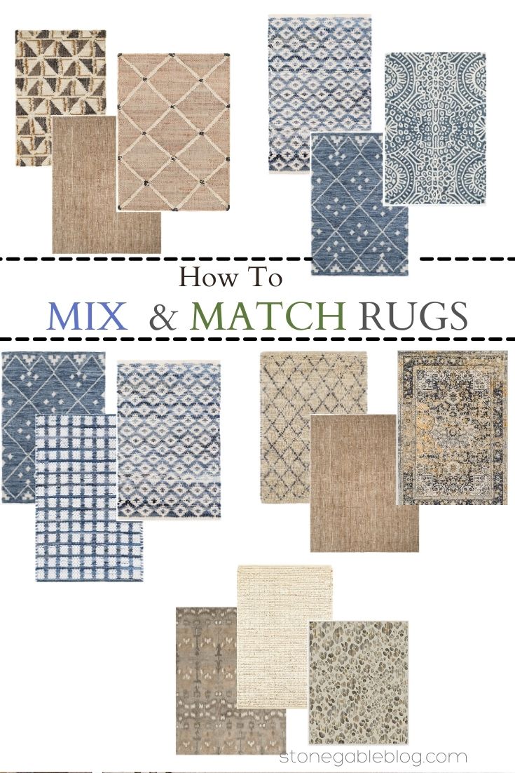 how to mix and match rugs in different colors, patterns and sizes with text overlay